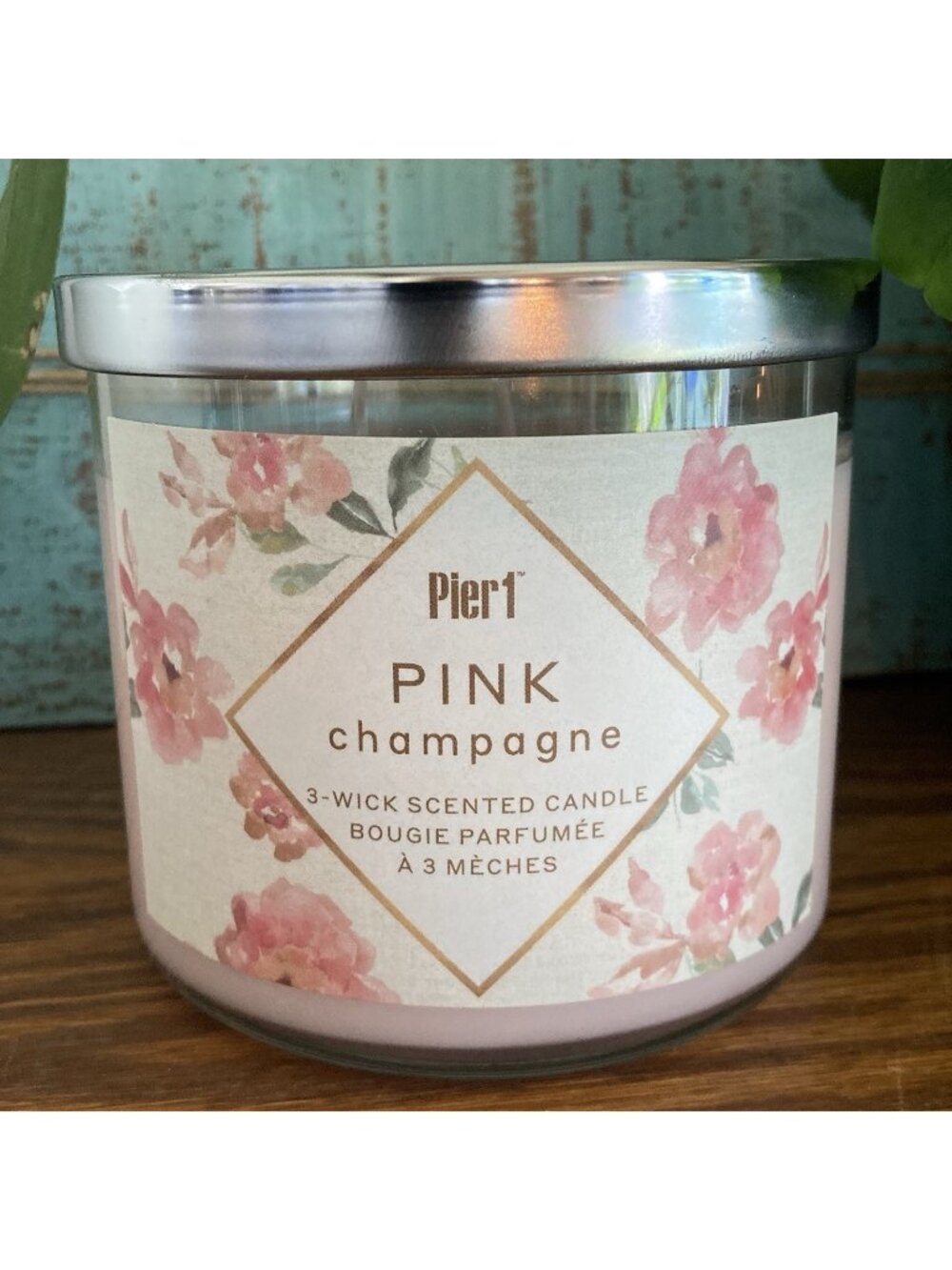 PIER 1 Imports PINK CHAMPAGNE 3-Wick Scented Candle Glass 14oz Floral Jar New